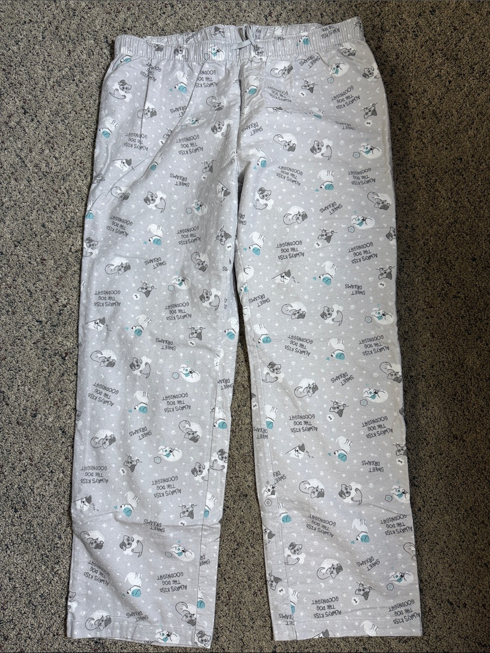 Always Kiss The Dog Goodnight Gray Flannel Pajama Pants Sz L 100% Cotton